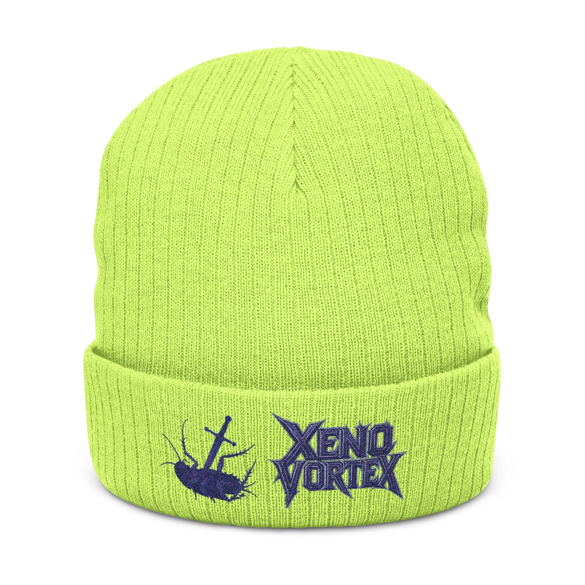 Embroidered Ribbed Beanie — Navy Anchor & 'Void Vortex' Logo - DUST & RUST