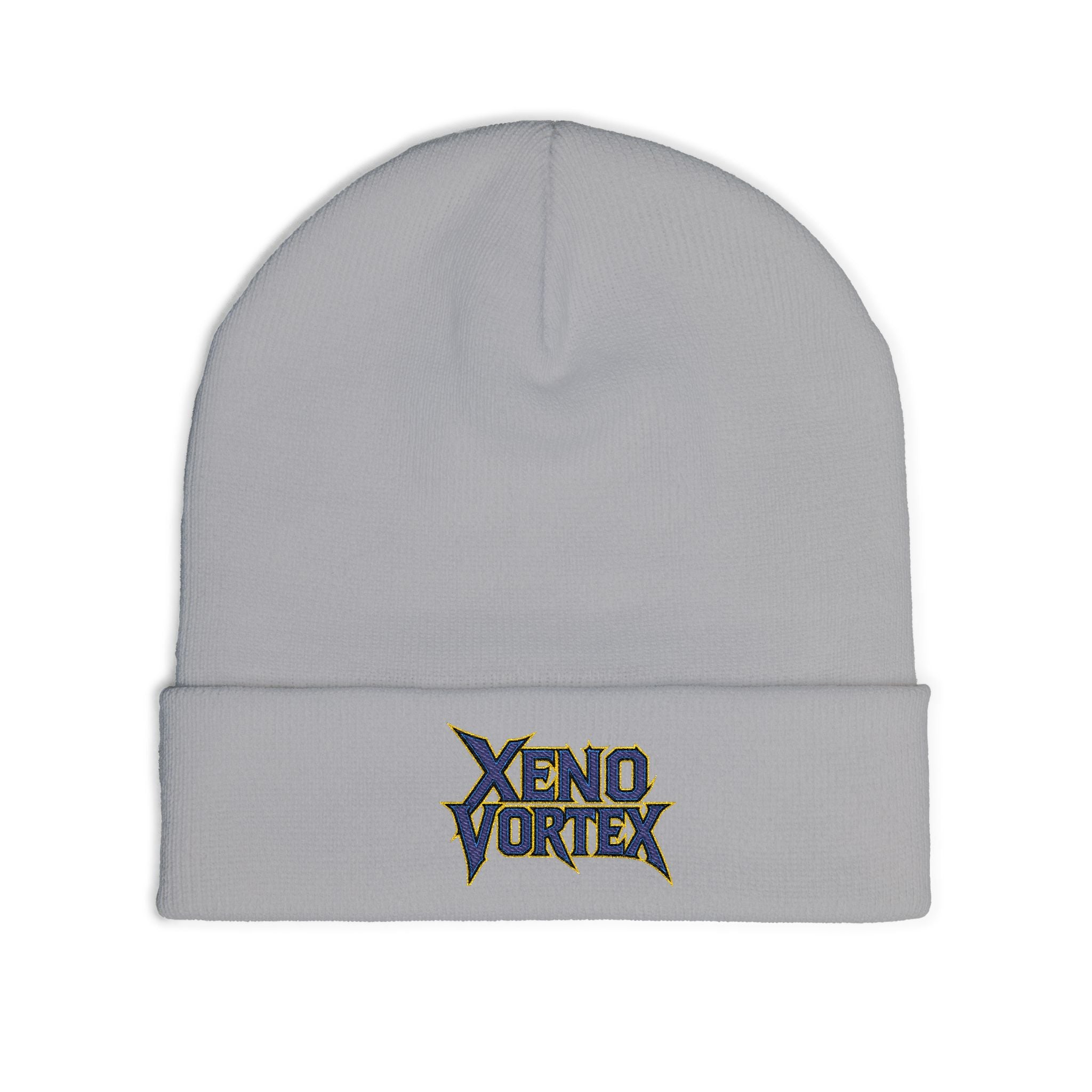 Embroidered 'Xeno Vortex' Knit Beanie — Gray Music Band Logo Winter Hat - DUST & RUST