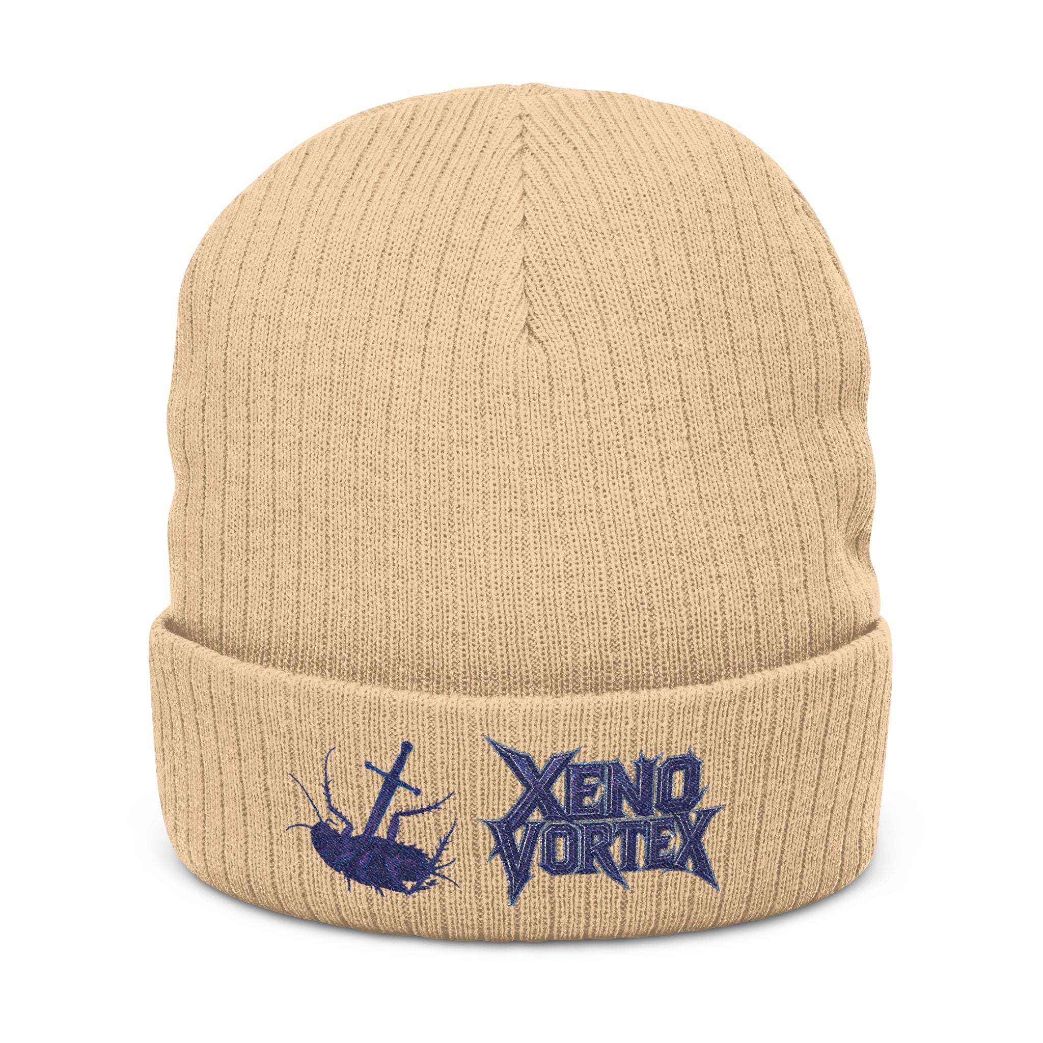 Embroidered Ribbed Beanie — Navy Anchor & 'Void Vortex' Logo - DUST & RUST