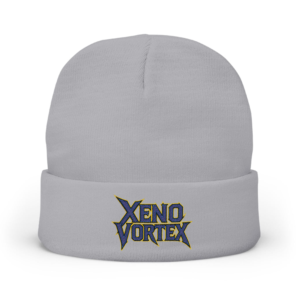 Embroidered 'Xeno Vortex' Knit Beanie — Gray Music Band Logo Winter Hat - DUST & RUST