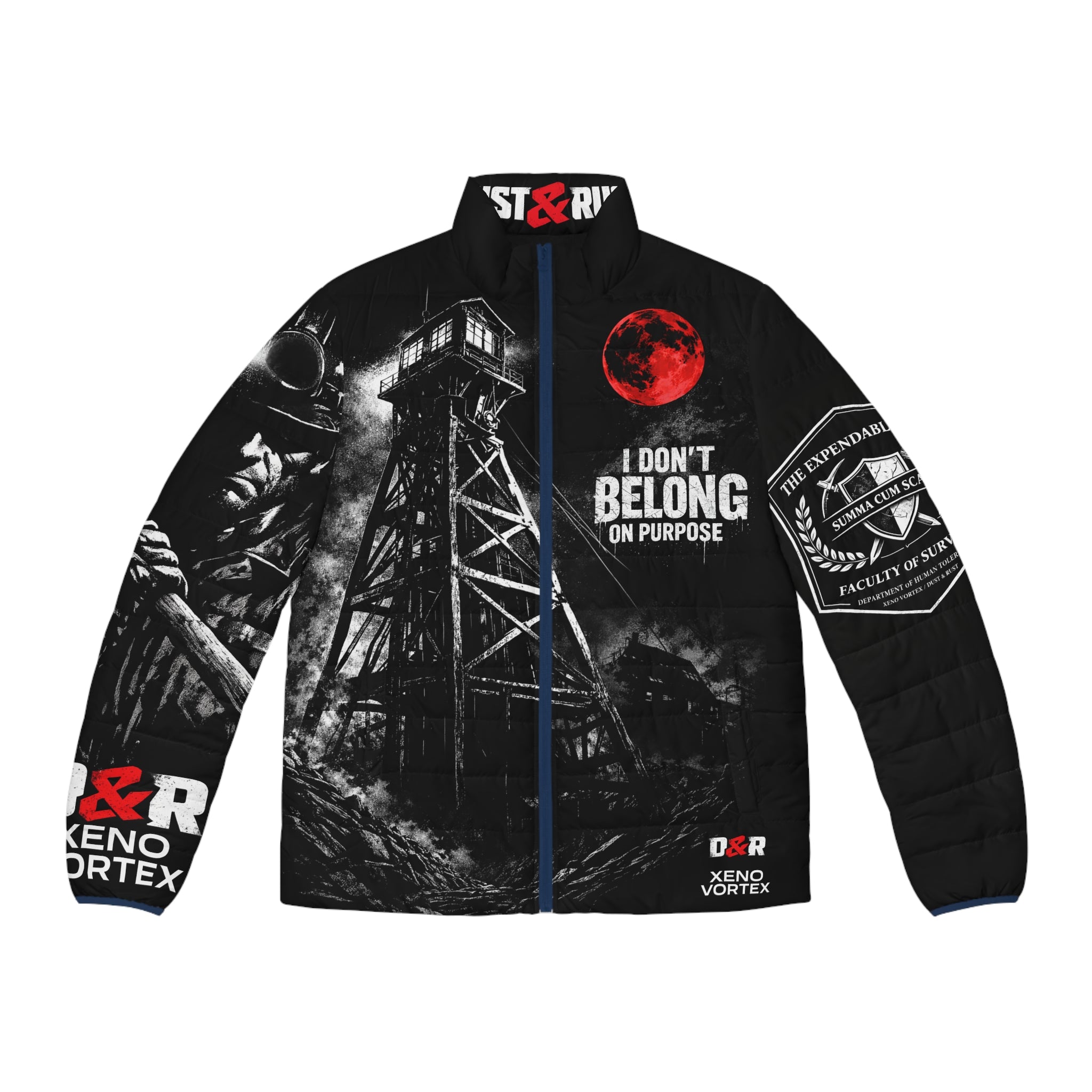 The Expendable One Puffer Jacket — "I Don't Belong On Purpose" Miner Graphic - DUST & RUST