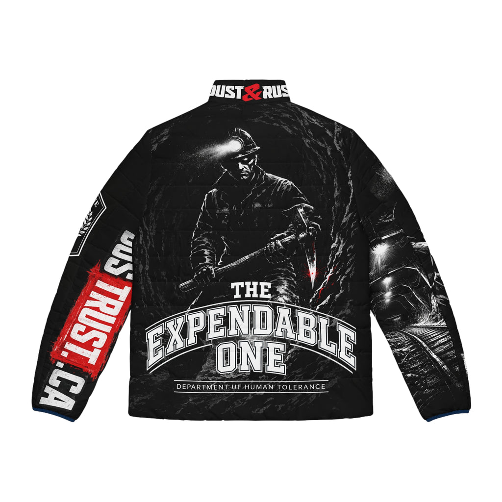 The Expendable One Puffer Jacket — "I Don't Belong On Purpose" Miner Graphic - DUST & RUST