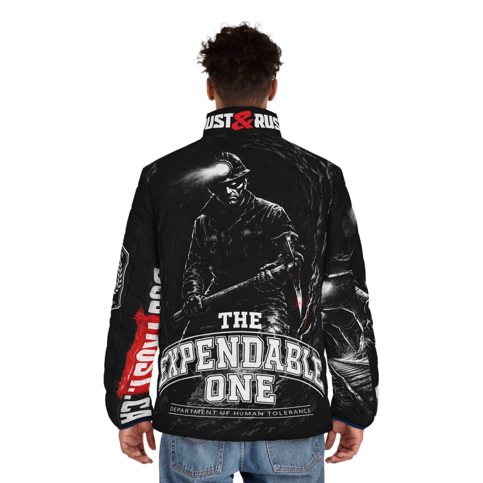 The Expendable One Puffer Jacket — "I Don't Belong On Purpose" Miner Graphic - DUST & RUST